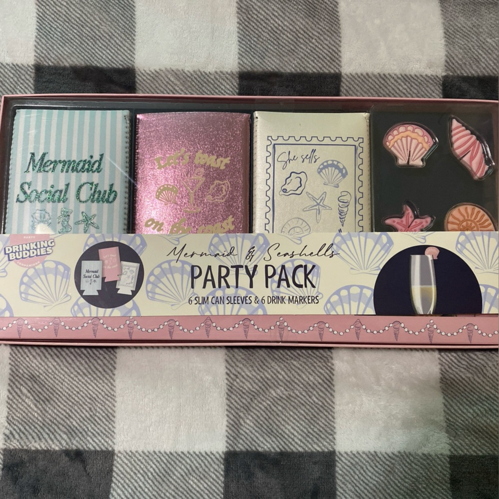 Mermaid & Seashell Themed Party Pack- 6 can sleeves & 6 drink markers
